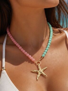 Two-Tone Pink & Mint Beaded Necklace with Gold Starfish Pendant